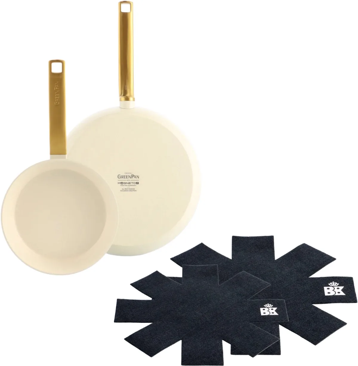 Evolution Pannenset 2-delig - 20/28cm - PFAS-vrije antikleeflaag - Inductie pannenset - Keramische pan - Ovenbestendig tot 200°C - Gouden RVS handgrepen - Met Pannenbeschermers - Zonder deksel - Creme de GreenPan en Crème – photo produit