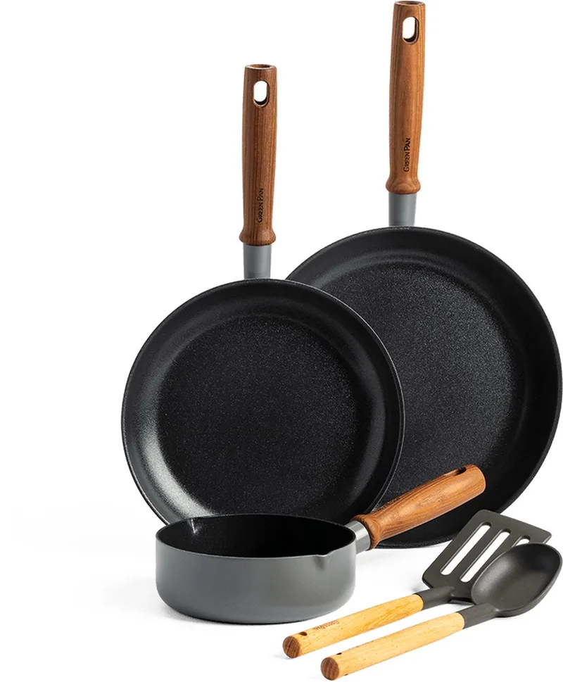 Mayflower Pro keramische pannenset 5-delig - 16, 24 en 28 cm - inductie pannenset - inductie koekenpannenset - Koekenpan 20 cm - Koekenpan 24 cm - Steelpan 16 cm - 2 houten spatels - PFAS-vrij - grijs - houten handvat de GreenPan en Gris – photo produit