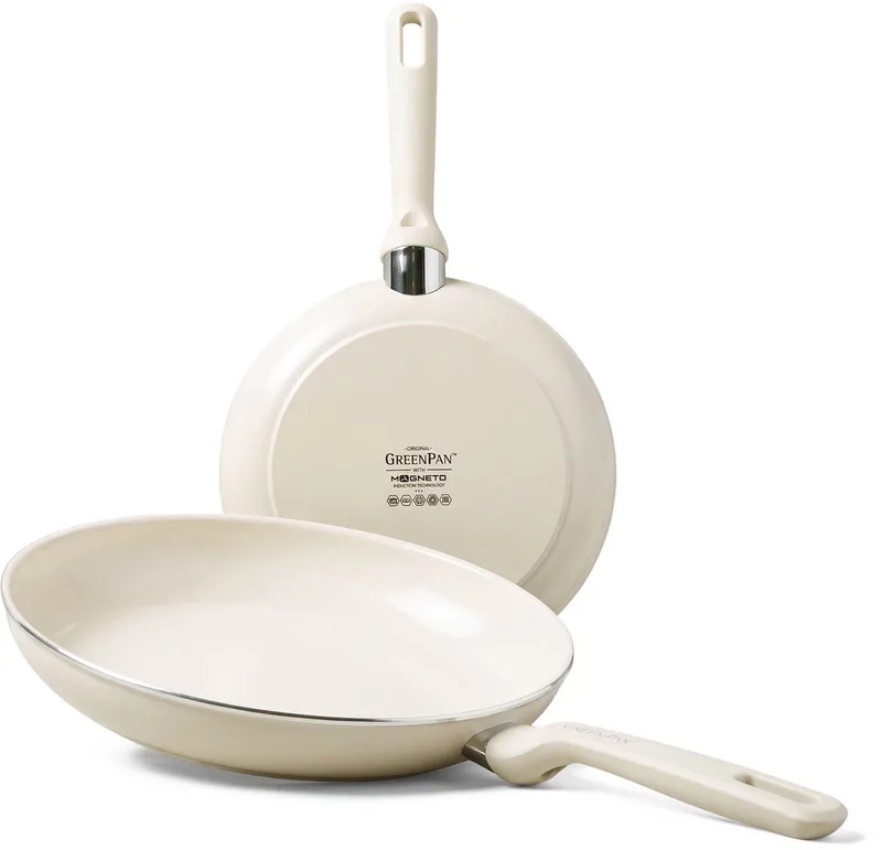 Memphis Koekenpannenset 2-delig - 20 cm + 28 cm - PFAS-vrije antiaanbaklaag - Pannenset inductie - Keramische pannen - Ovenbestendig tot 160°C - Stay-cool handgrepen - Crème de GreenPan en Crème – photo produit