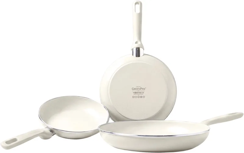 Memphis Koekenpannenset 3-delig - 20 + 24 + 28 cm - PFAS-vrije antiaanbaklaag - Pannenset inductie - Keramische pan - Ovenbestendig tot 160°C - Stay-cool handgrepen - Crème från GreenPan i Kräm – produktbild