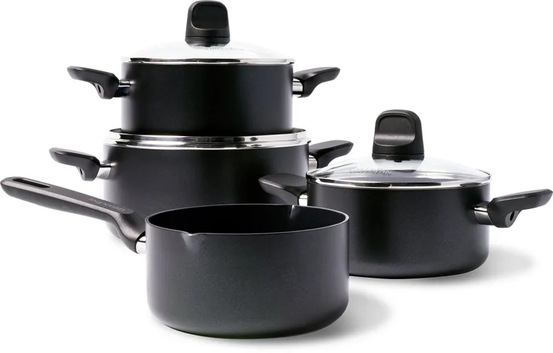 Memphis Kookpannenset 7-delig - 16/18/20/24cm - 1.6/2.1/3.1/4.9L - PFAS-vrije antikleeflaag - Inductie kookpan - Keramische pan - Ovenbestendig tot 160°C - Koudgrepen - Met glazen deksel - Zwart by GreenPan in Black – product photo
