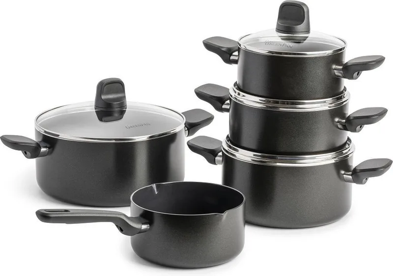 Memphis Kookpannenset 9-delig - 16/18/20/24cm - 1.6/1.6/2.1/3.1/4.9L - PFAS-vrije antikleeflaag - Inductie kookpan - Keramische pan - Ovenbestendig tot 160°C - Koudgrepen - Met glazen deksel - Zwart de GreenPan en Noir – photo produit