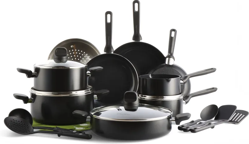Memphis Pannenset 20-delig - PFAS-vrije antikleeflaag - Pannenset inductie - Keramische pan - Ovenbestendig tot 160°C - Koudgrepen - Zwart by GreenPan in Black – product photo