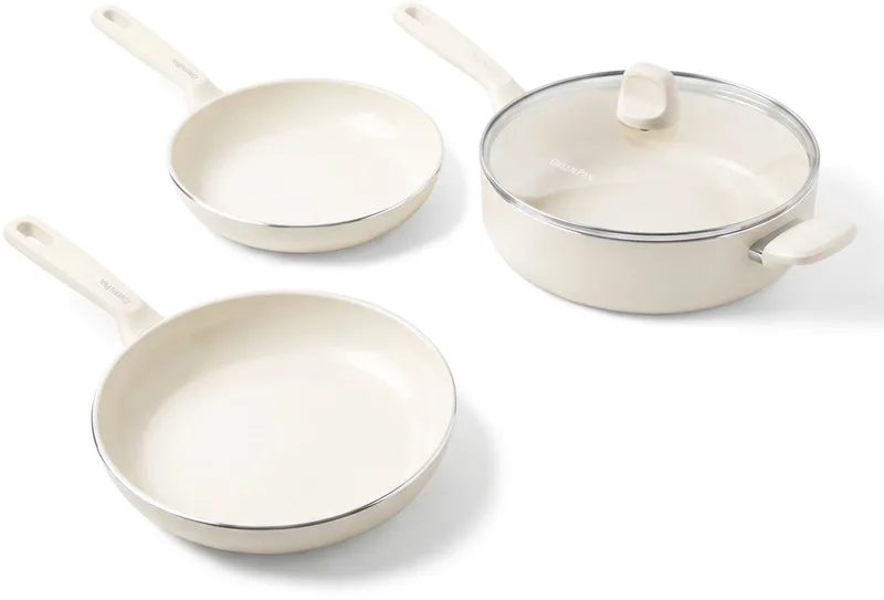 Memphis Pannenset 3-delig - Koekenpan 24 cm + 28 cm + Hapjespan 28 cm met deksel - PFAS-vrije antiaanbaklaag - Pannenset inductie - Keramische pannen - Ovenbestendig tot 160°C - Stay-cool handgrepen von GreenPan in Creme – Produktfoto