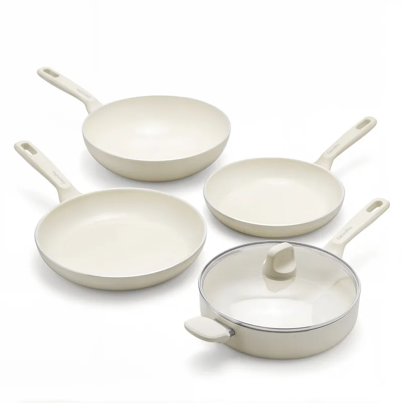 Memphis Pannenset 4-delig - Koekenpannen 24/28 cm + Wokpan 28 cm/3,69L + Hapjespan met deksel 28 cm/4,2L - PFAS-vrije antiaanbaklaag - Pannenset inductie - Keramische pan - Ovenbestendig tot 160°C - Stay-cool handgrepen von GreenPan in Creme – Produktfoto