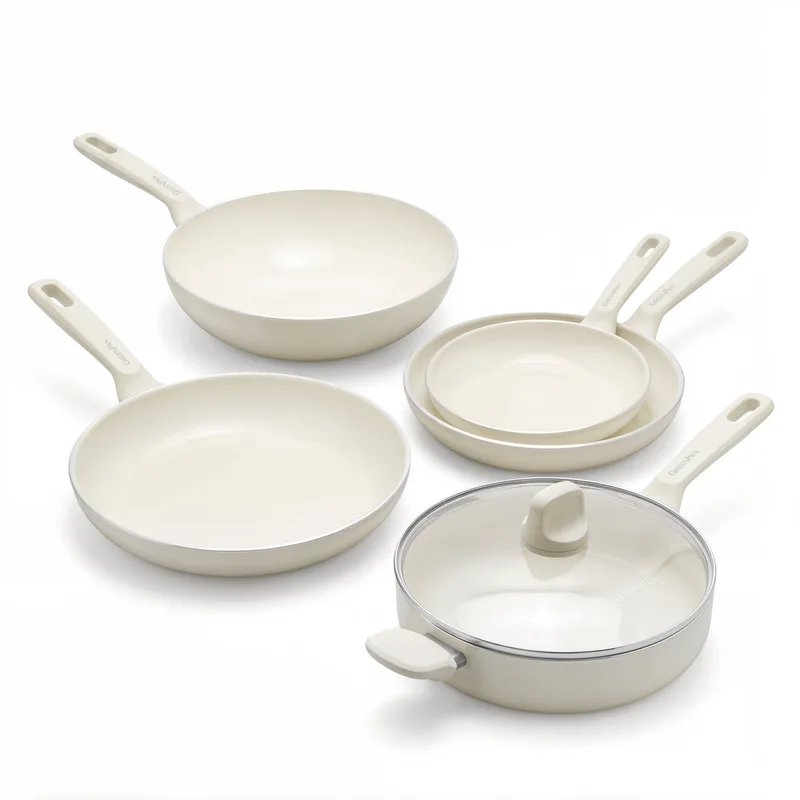 Memphis Pannenset 5-delig - Koekenpannen 20/24/28 cm + Wokpan 28 cm/3,69L + Hapjespan 28 cm/4,2L - PFAS-vrije antiaanbaklaag - Pannenset inductie - Keramische pan de GreenPan en Crème – photo produit
