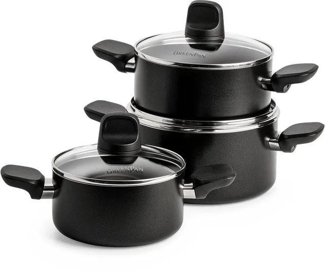 Memphis Pannenset 6-delig - 16/18/20cm - 1.6/2.1/3.1L - PFAS-vrije antikleeflaag - Pannenset inductie - Keramische pan - Ovenbestendig tot 160°C - Koudgrepen - Met glazen deksel - Zwart