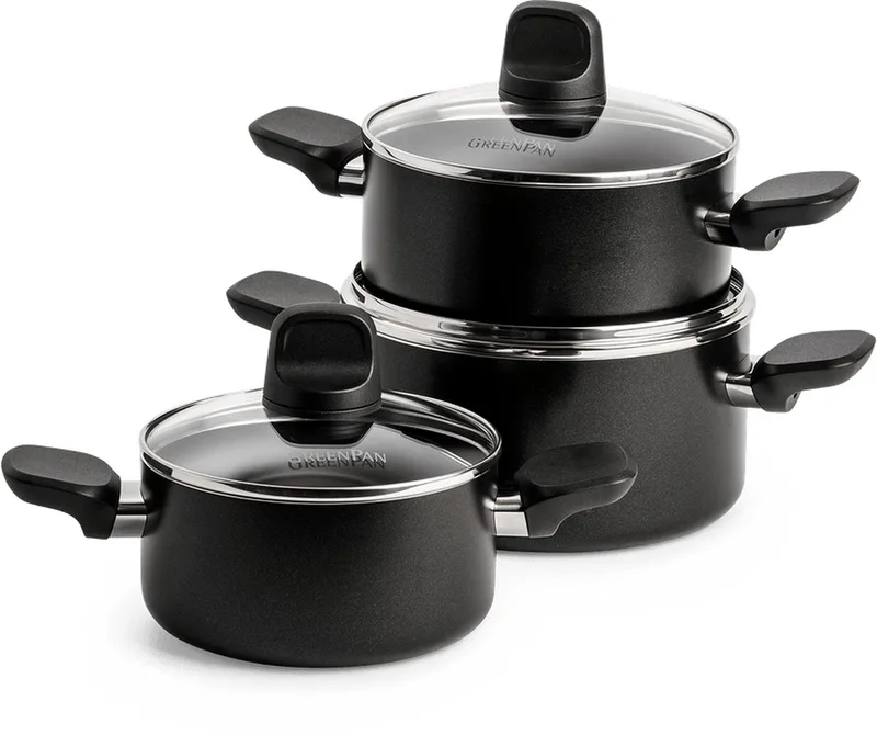 Memphis Pannenset 6-delig - 16/18/20cm - 1.6/2.1/3.1L - PFAS-vrije antikleeflaag - Pannenset inductie - Keramische pan - Ovenbestendig tot 160°C - Koudgrepen - Met glazen deksel - Zwart by GreenPan in Black – product photo