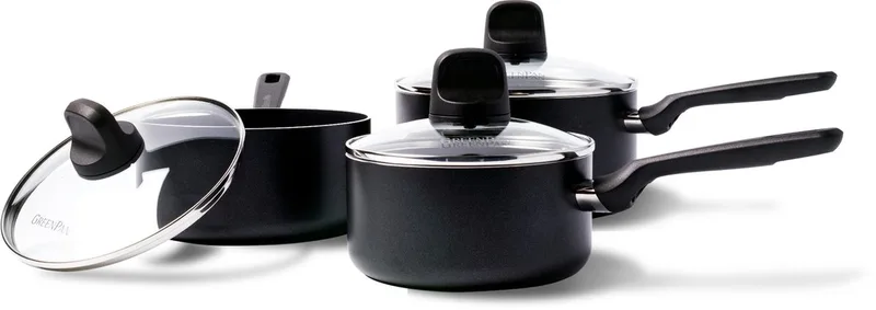 Memphis Pannenset 6-delig - 16/18/20cm - 1.6/2.1/3.1L - PFAS-vrije antikleeflaag - Steelpan inductie - Keramische pan - Ovenbestendig tot 160°C - Koudgrepen - Met glazen deksel by GreenPan in Black – product photo