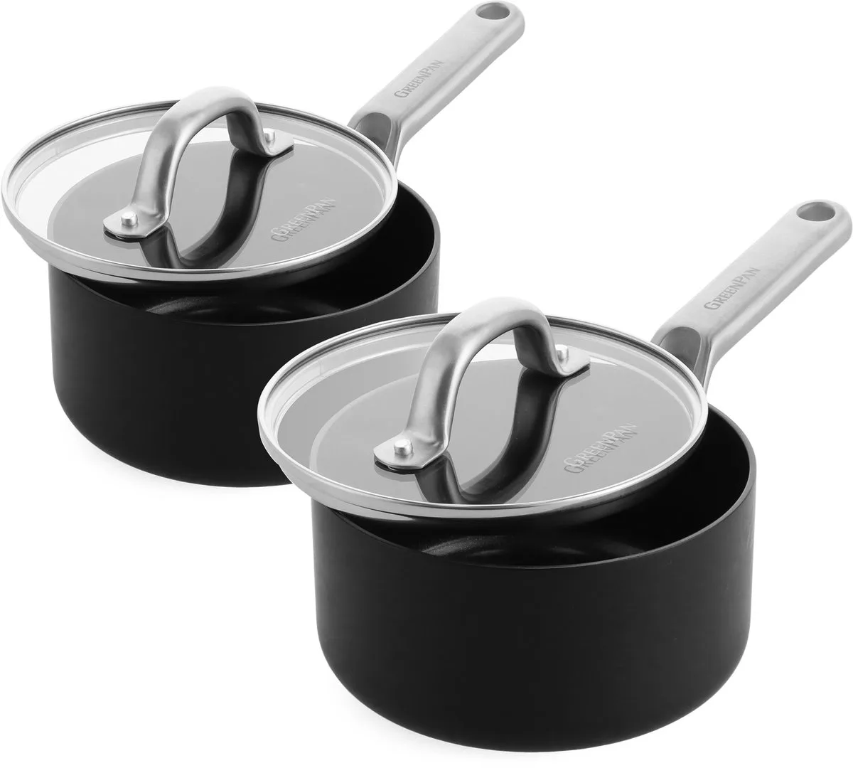 Omega keramische inductie steelpannenset met deksels 2-delig - 16/18cm - 1.5/2.3L - PFAS-vrij - Inductie pannenset - Inductie steelpan - Vaatwasserbestendig - Ovenbestendig tot 200°C - Krasbestendig - Stapelbaar - Aluminium - Zwart fra GreenPan i Sort – produktbillede