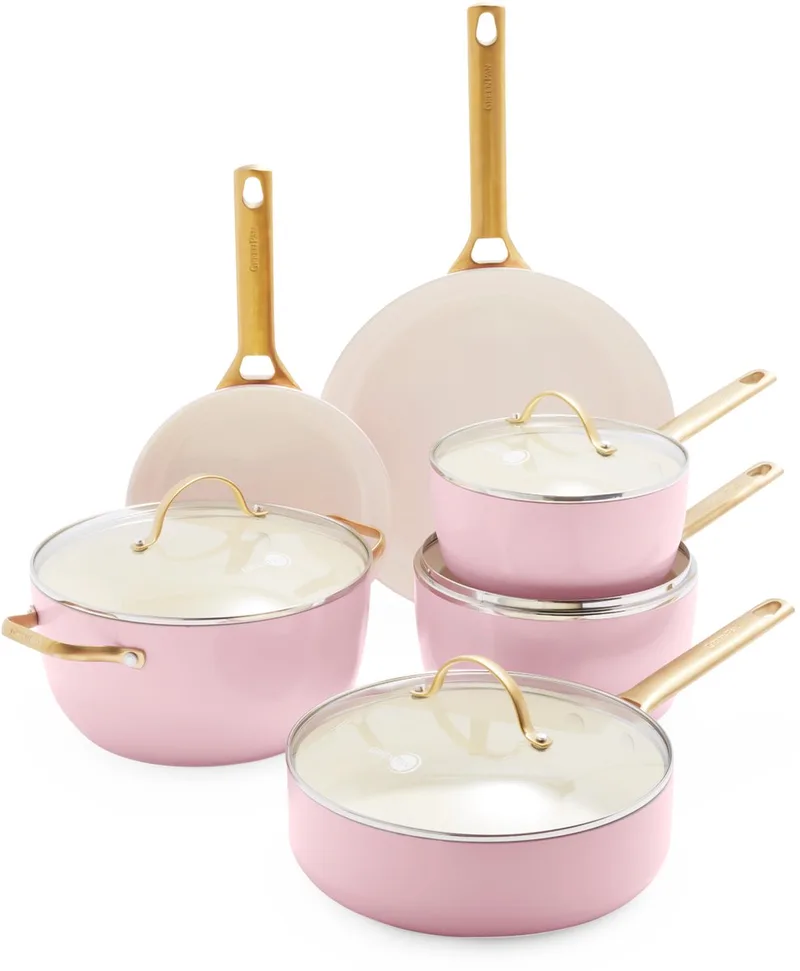 Padova Aluminium Pannenset 10-Delig - Ø18cm-28cm - PFAS-vrij - Inductie - Ovenbestendig tot 200 graden - Gouden RVS handgrepen - Roze - Incl deksels van GreenPan in Smokey Blue – productfoto