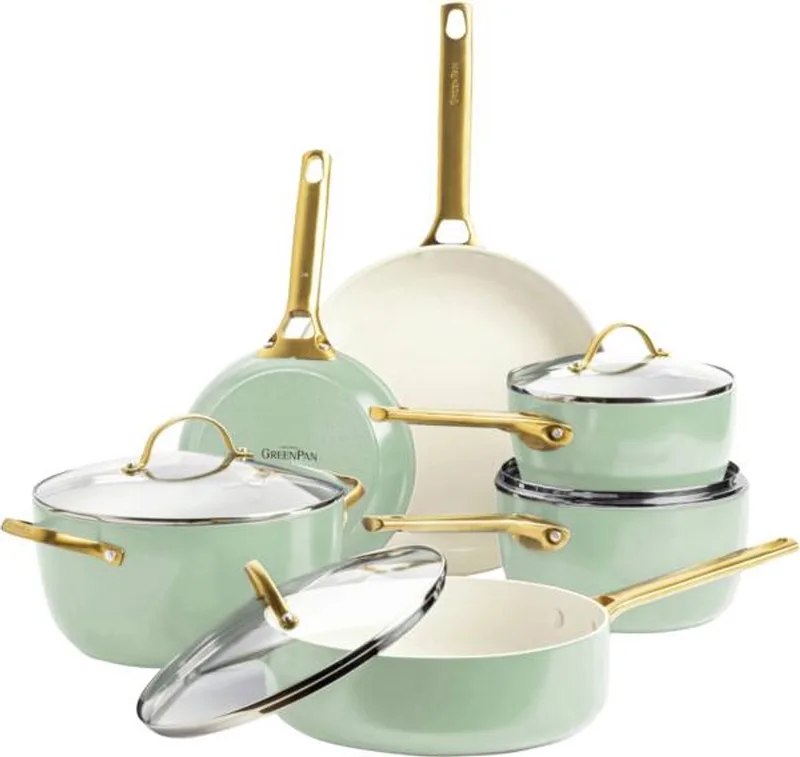 Padova Mint Green Keramische Inductie Pannenset 10-delig - PFAS-vrij - Inductie pannenset - Inductie hapjespan - Inductie koekenpan - Ovenbestendig tot 200°C - Vaatwasserbestendig - RVS handgrepen - Met deksels - Muntgroen fra GreenPan i Mint_green – produktbillede 1 af 6