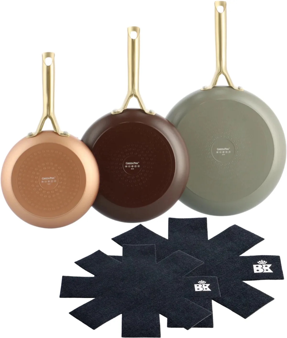 Shades Koekenpannenset 3-delig - 20/24/28cm - PFAS-vrij - Inductie koekenpan - Inductie pannenset - Ovenbestendig tot 200°C - Vaatwassergeschikt - RVS handgreep - 100% gerecycleerd aluminium - zonder deksel - Met panbeschermers van GreenPan in Terra – productfoto