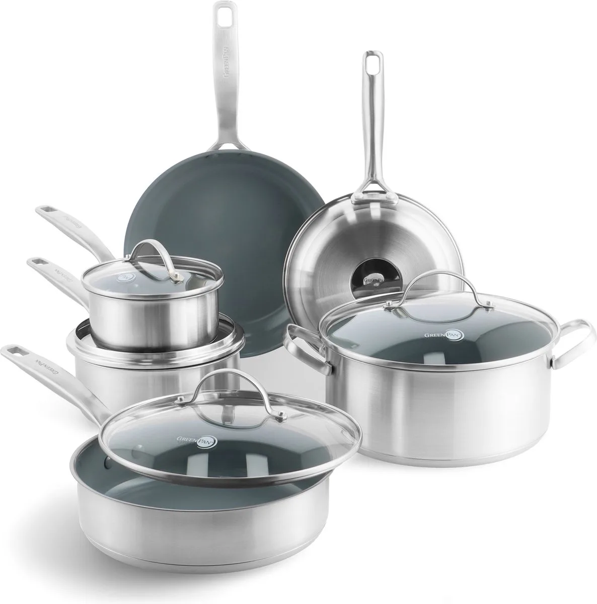 Treviso Pannenset 10-delig - PFAS-vrije antikleeflaag - Pannenset inductie - Keramische pan - Ovenbestendig tot 220°C - RVS - Met deksel - Zilver van GreenPan in Zilver – productfoto