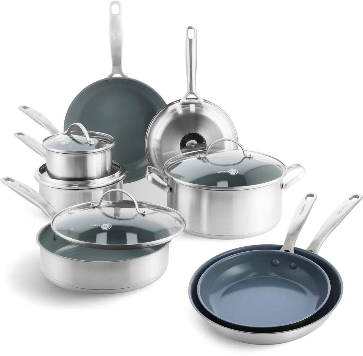 Treviso Pannenset 13-delig - 14/18/20/24/28/30cm - PFAS-vrije antikleeflaag - Pannenset inductie - Keramische pan - Ovenbestendig tot 220°C - RVS - Met deksel von GreenPan in Silber – Produktfoto