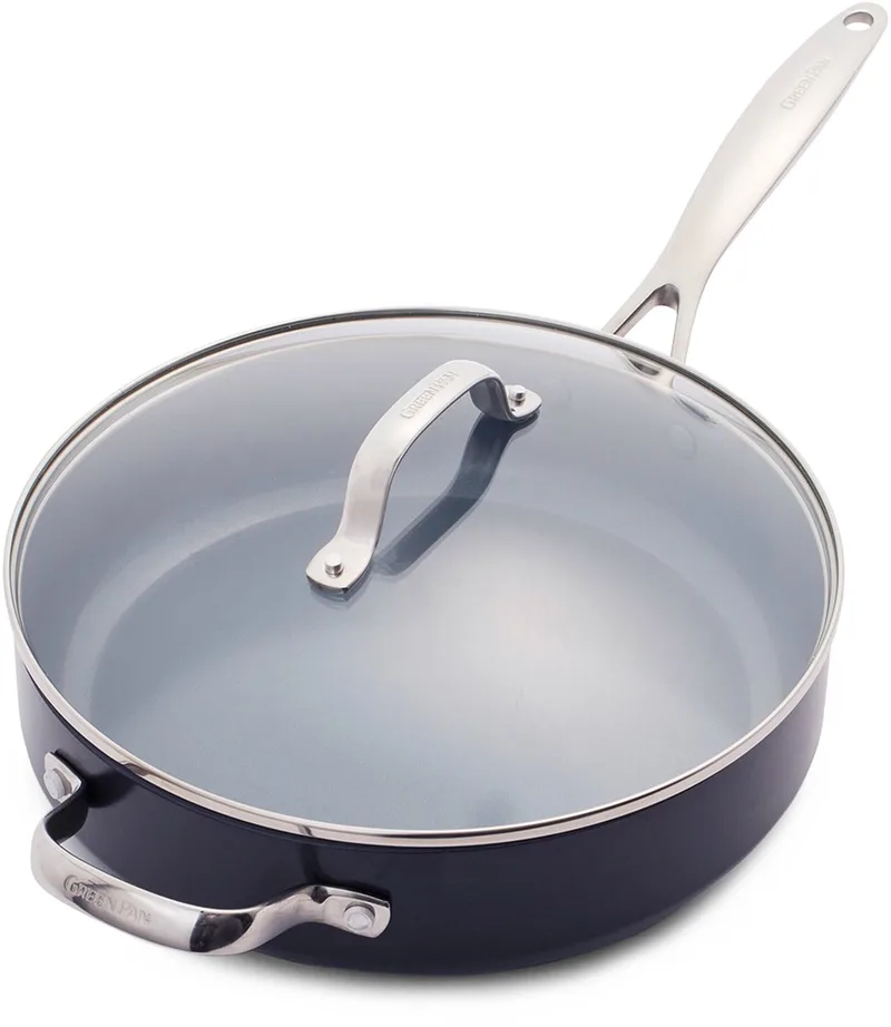 Valencia Pro Aluminium Hapjespan 28cm met deksel - 4.2L - PFAS-vrije antikleeflaag - Hapjespan inductie - Keramische antiaanbaklaag - Ovenbestendig tot 220°C - RVS handgrepen - Grijs van GreenPan in Grijs – productfoto