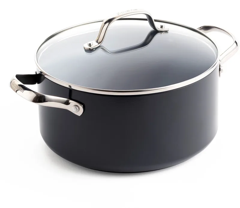 Valencia Pro Aluminium Kookpan 24cm - 5.1L - PFAS-vrije antikleeflaag - Inductie kookpan - Keramische pan - Ovenbestendig 220°C - RVS handgrepen - Met glazen deksel - Grijs de GreenPan en Gris – photo produit