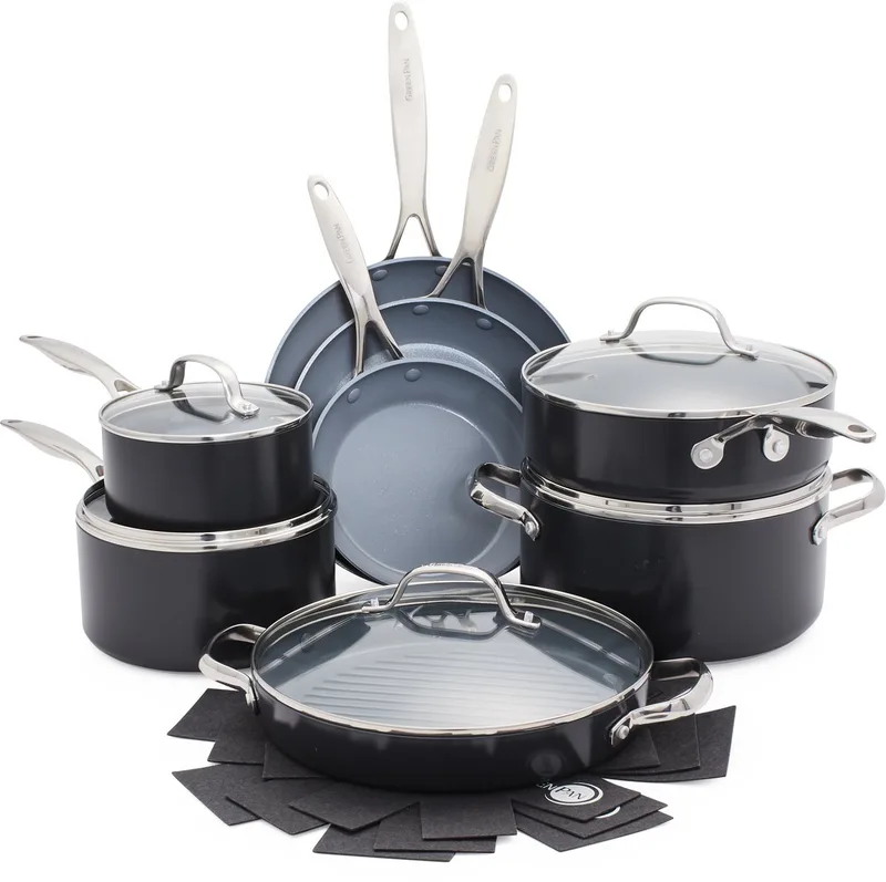 Valencia Pro Pannenset 16-delig - PFAS-vrije antikleeflaag - Pannenset inductie - Keramische pan - Ovenbestendig tot 220°C - Met deksel - Zilver de GreenPan en Gris – photo produit