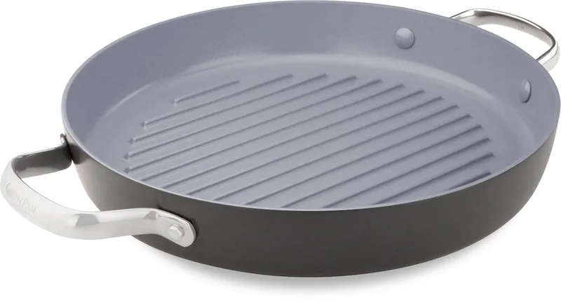 Venice Pro Aluminium Grillpan rond Ø 28cm – PFAS-vrij - Inductie – Ovenbestendig tot 220°C – Vaatwasserbestendig – Snelle opwarming – RVS handgrepen - Zwart de GreenPan en Gris – photo produit