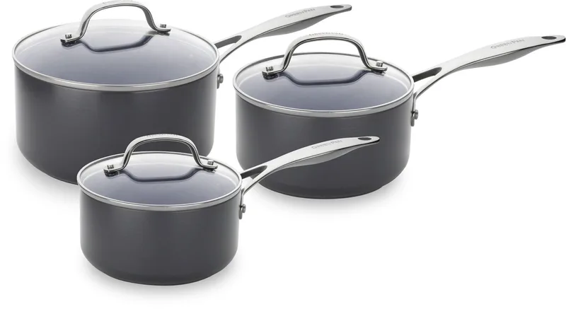 Venice Pro Aluminium Steelpannen set met deksel - 6-delig - Ø 16- 20cm – PFAS-vrij - Inductie – Ovenbestendig tot 220°C – Vaatwasserbestendig – Snelle opwarming – RVS handgrepen - Zwart by GreenPan in Grey – product photo