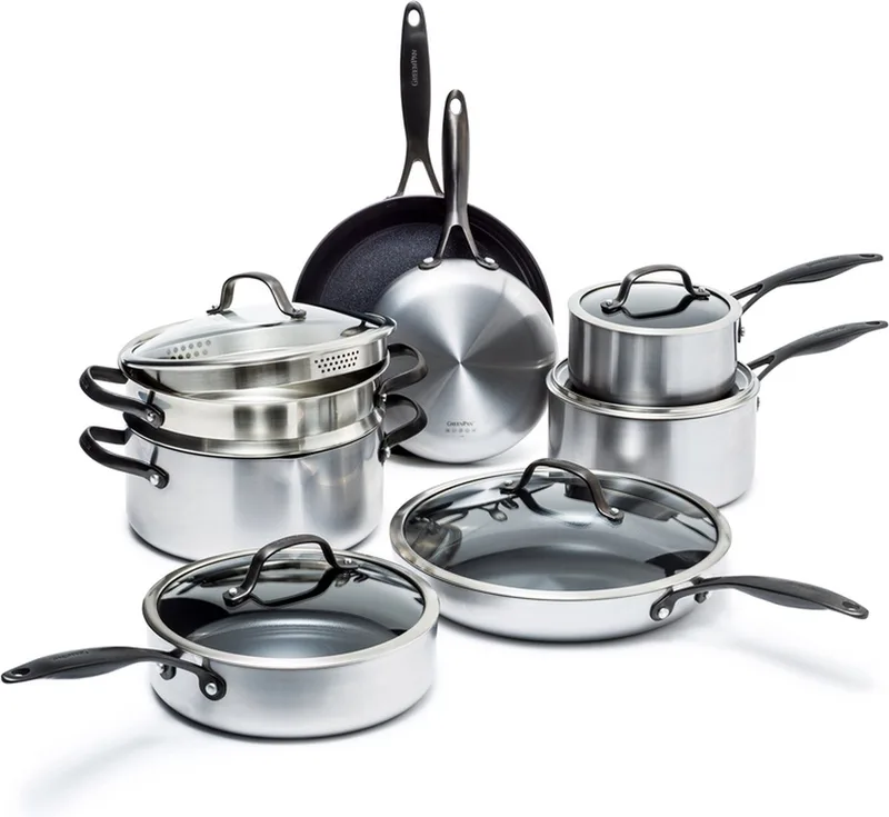 Venice Pro Noir Pannenset 14-delig - PFAS-vrije antikleeflaag - Pannenset inductie - Keramische pan - Ovenbestendig tot 220°C - Met glazen deksel - Zilver från GreenPan i Silver – produktbild