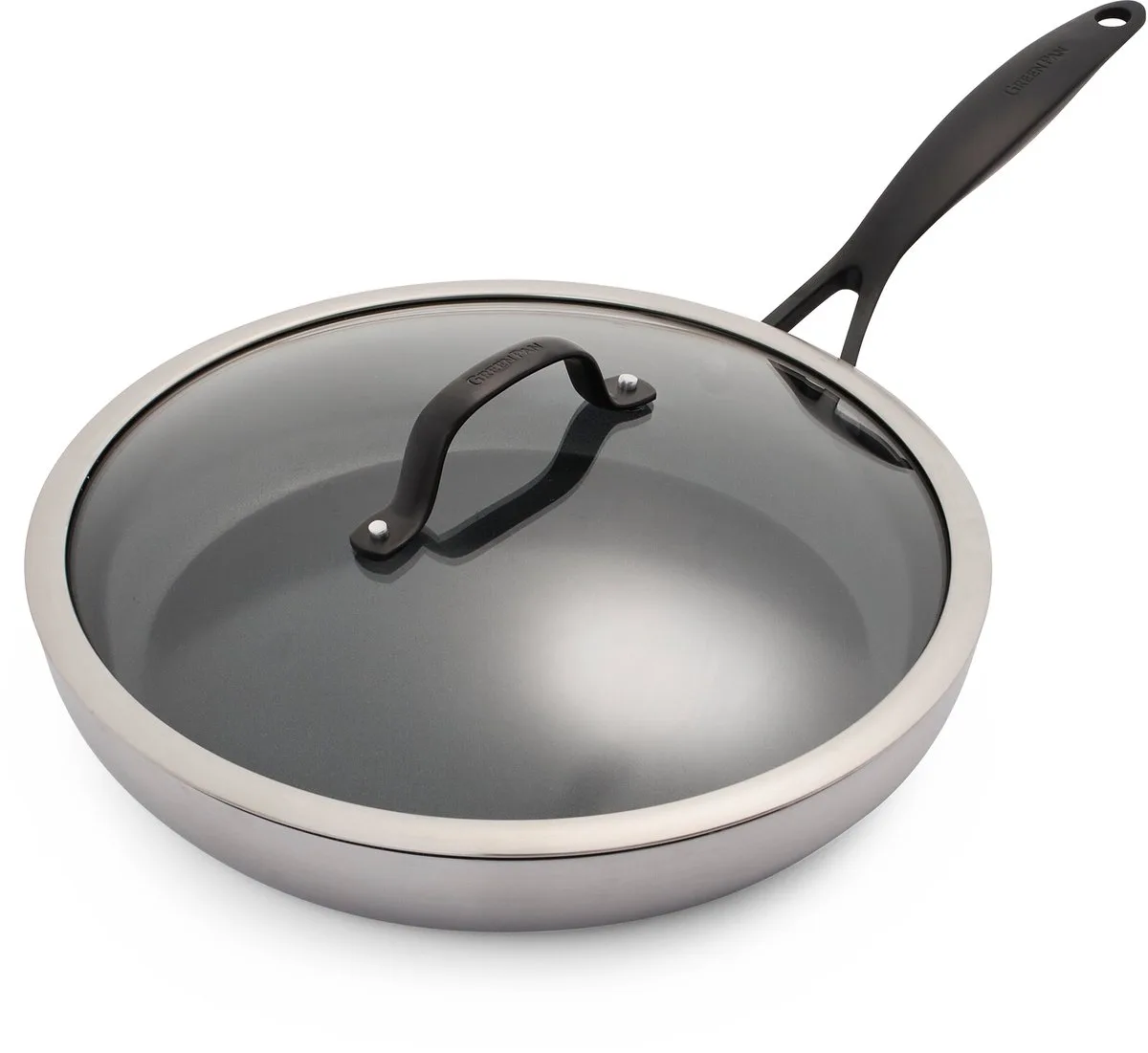 Venice Pro Noir RVS Hapjespan met deksel Ø30cm - 4.7L - PFAS-vrij – Inductie – Ovenbestendig tot 200°C – Vaatwasserbestendig – Tri-ply – RVS grepen - Zilver/Zwart van GreenPan in Zilver – productfoto