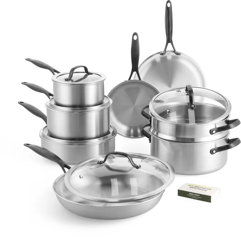 Venice Pro Noir RVS Pannenset 14-delig - Zonder PFAS-antikleeflaag - RVS Pannenset- Pannenset inductie - Ovenbestendig tot 220°C - Met glazen deksel - Zilver by GreenPan in Silver – product photo