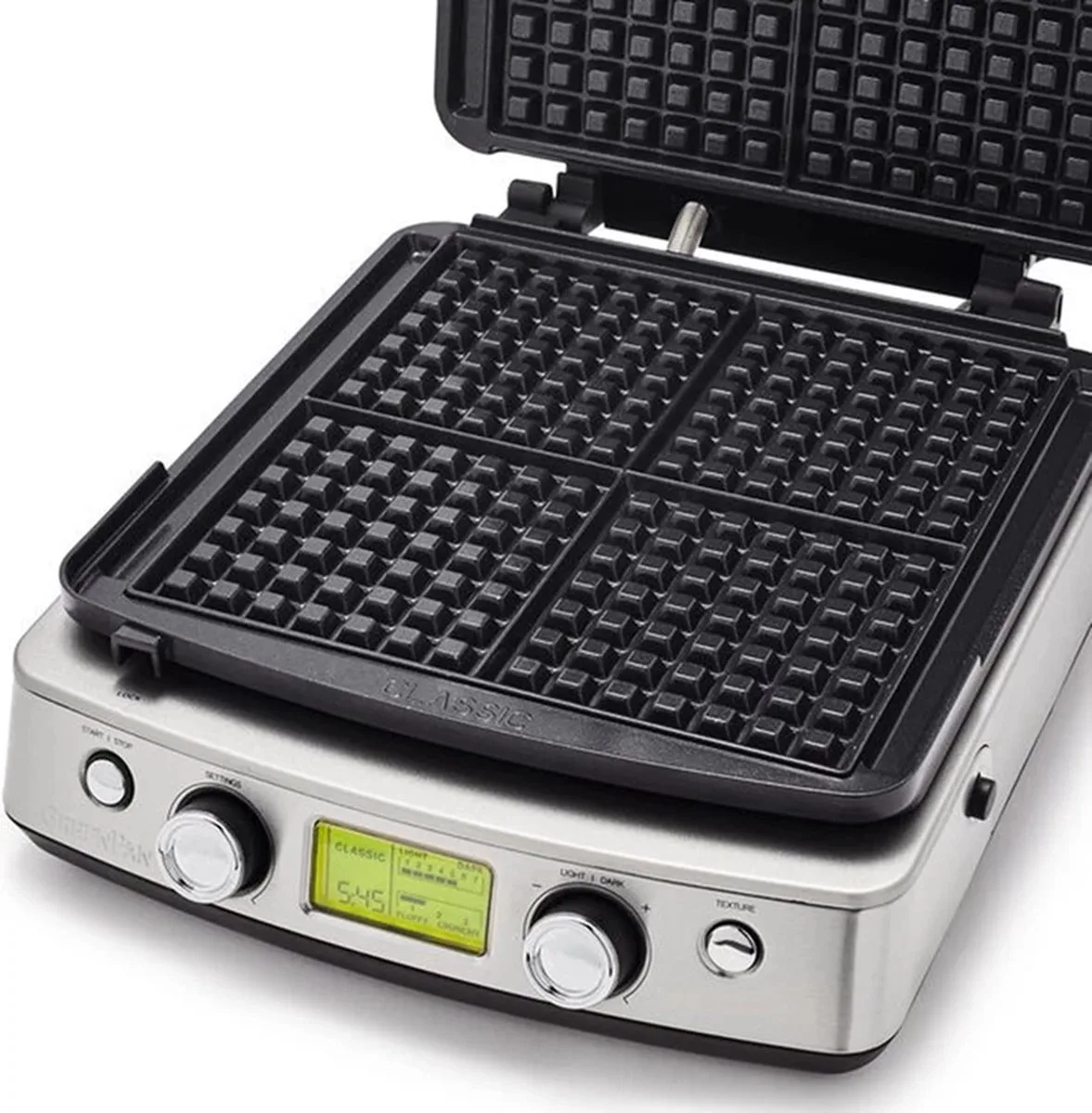 wafelijzer met platen voor klassieke wafels + Luikse / Brusselse wafels cream van GreenPan in Steel – productfoto