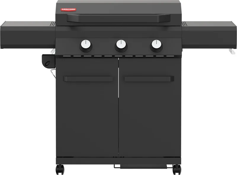 Plancha Gasbarbecue - Nitride kookplaat, geschikt voor intensief gebruik - incl regenhoes von Grill Guru in Schwarz – Produktfoto