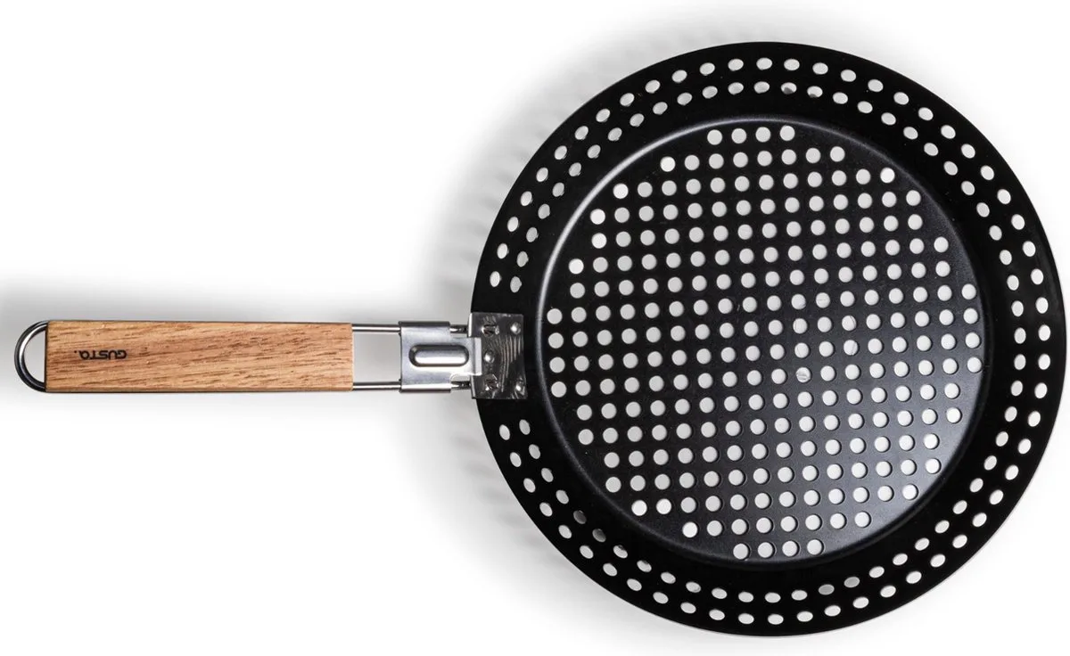 Grillin&Chillin - BBQ wok - doorsnede 30,5cm - antiaanbaklaag - houten handvat -vaderdag cadeau de Gusta en Zwart gecoat metaal met houten handgreep – photo produit