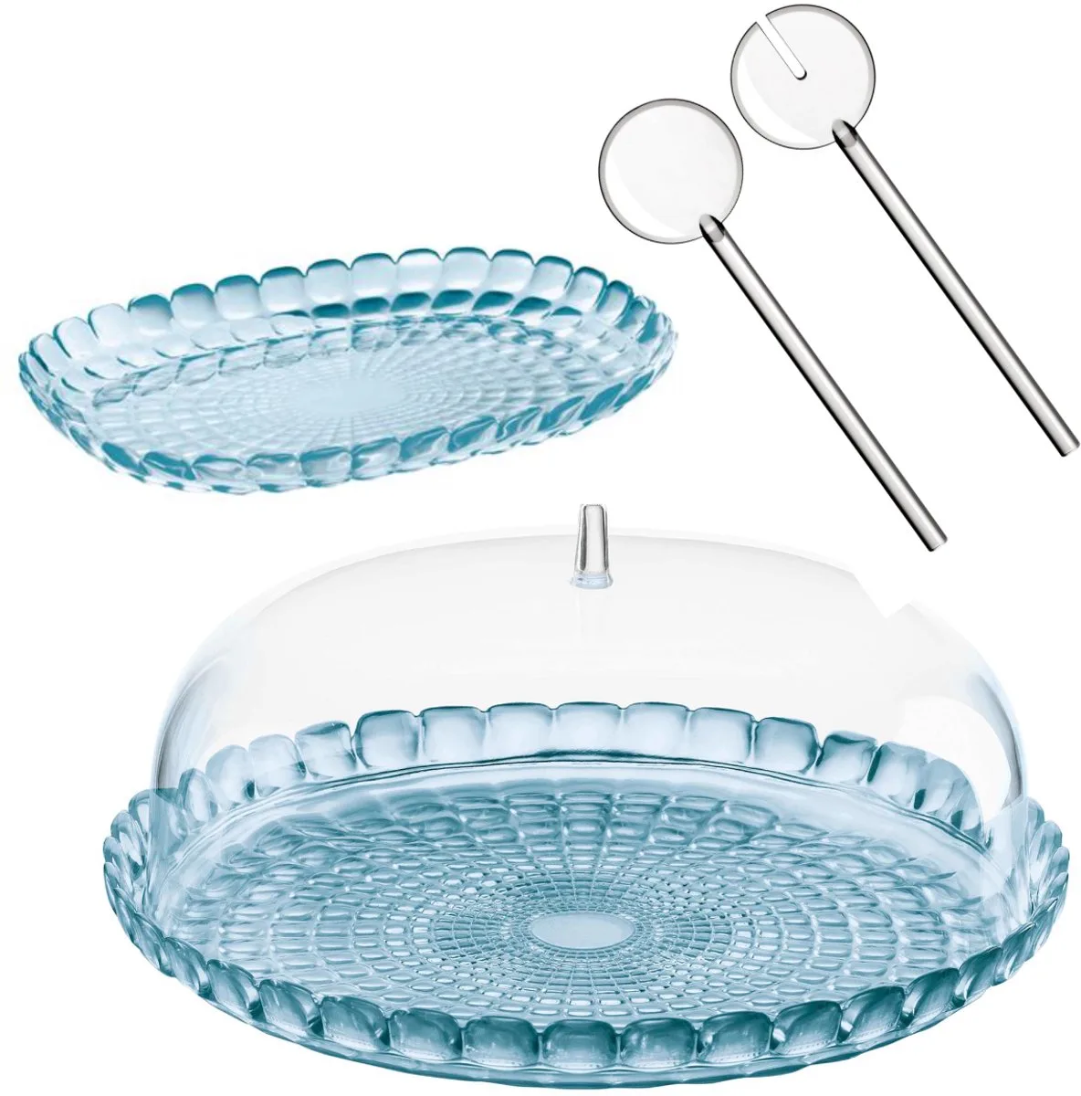 Tiffany Set 3-delig – Taartplateau met Stolp, Slabestek & Serveerblad – Kunststof, & Transparant – Voor Tafel & Feestelijke Momenten – Vaatwasserbestendig & BPA-vrij – Made in Italy von Guzzini in Transparant blauw – Produktfoto