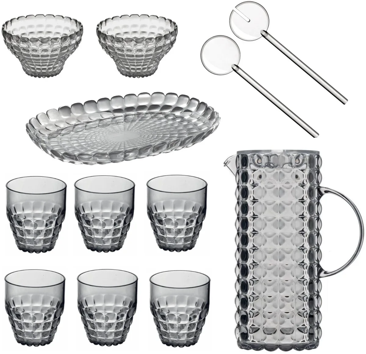 Tiffany Tafelset 11-delig – Slabestek, Karaf, 6 Glazen, 2 schaaltjes & Dienblad – Kunststof, – Voor Tafel, Terras & Buiten – Vaatwasserbestendig & BPA-vrij – Made in Italy van Guzzini in Transparant grijs – productfoto