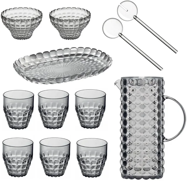 Tiffany Tafelset 11-delig – Slabestek, Karaf, 6 Glazen, 2 schaaltjes & Dienblad – Kunststof, – Voor Tafel, Terras & Buiten – Vaatwasserbestendig & BPA-vrij – Made in Italy