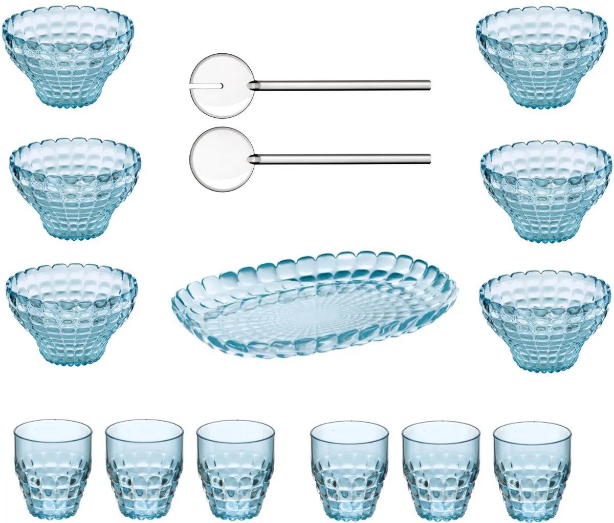 Tiffany Tafelset 14-delig – Slabestek, 1 Dienblad, 6 schaaltjes & 6 Glazen – Kunststof, Transparant & Voor Tafel, Terras & Buiten – Vaatwasserbestendig & BPA-vrij – Made in Italy de Guzzini en Transparant blauw – photo produit