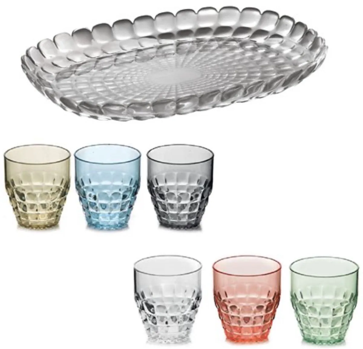 Tiffany Tafelset 7-delig – Dienblad & 6 Lage Glazen Multicolour – Kunststof, Transparant Grijs & Multicolour – Voor Tafel, Terras & Buiten – Vaatwasserbestendig & BPA-vrij – Made in Italy by Guzzini in Multicolour – product photo