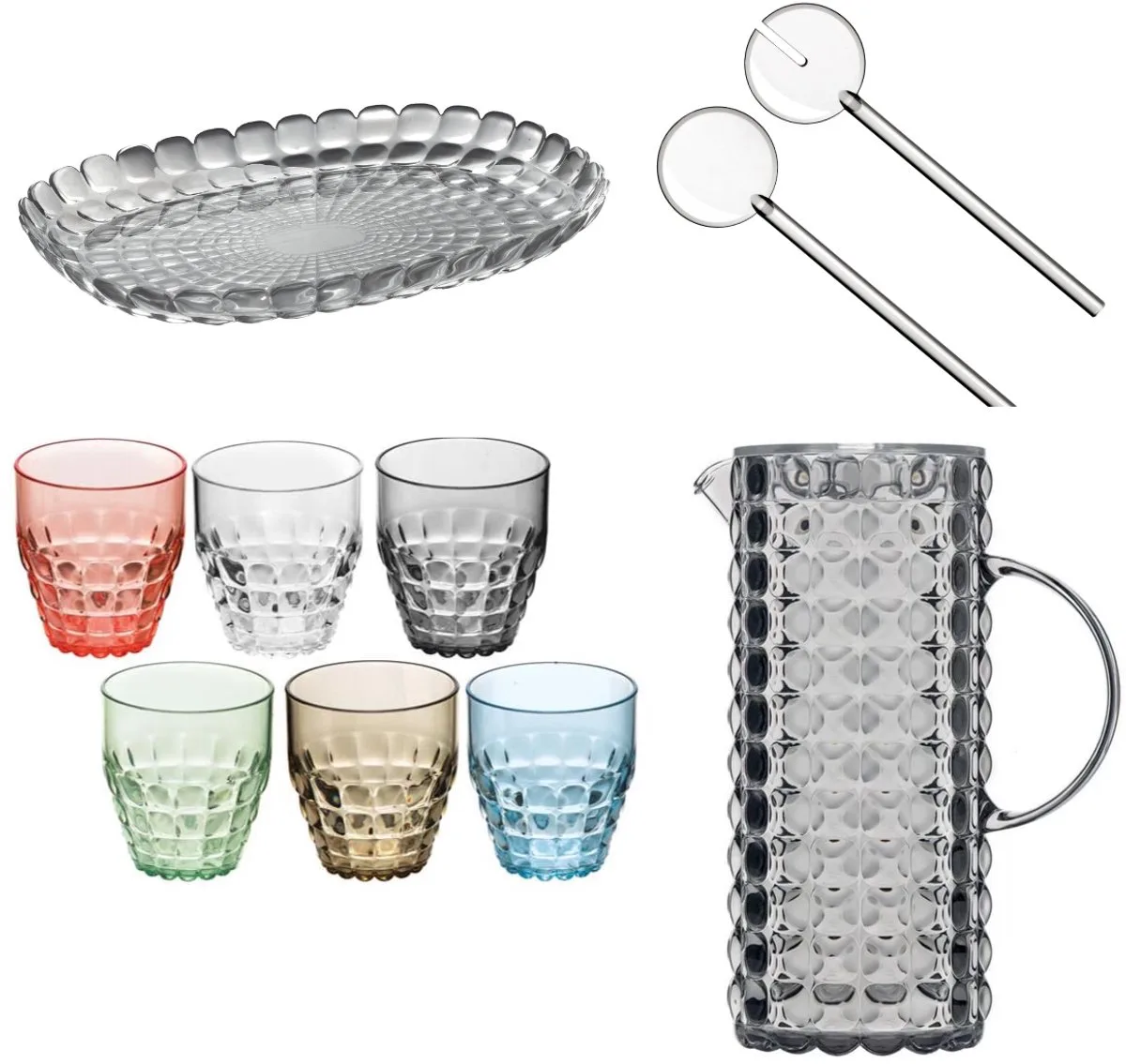 Tiffany Tafelset 9-delig – Slabestek, Karaf, 6 Multicolour Glazen & Dienblad – Kunststof, Transparant & Multicolour – Voor Tafel, Terras & Buiten – Vaatwasserbestendig & BPA-vrij – Made in Italy von Guzzini in Transparant grijs – Produktfoto