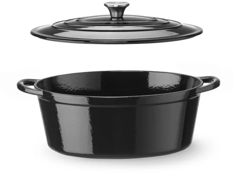 Braadpan van gietijzer met emaille - met druppeldeksel - 40,5x25,5x(h)13,4 cm - inhoud 6,88 liter - zwart - voor stoven, braden, oven en inductie von Hendi in Schwarz, Rot – Produktfoto
