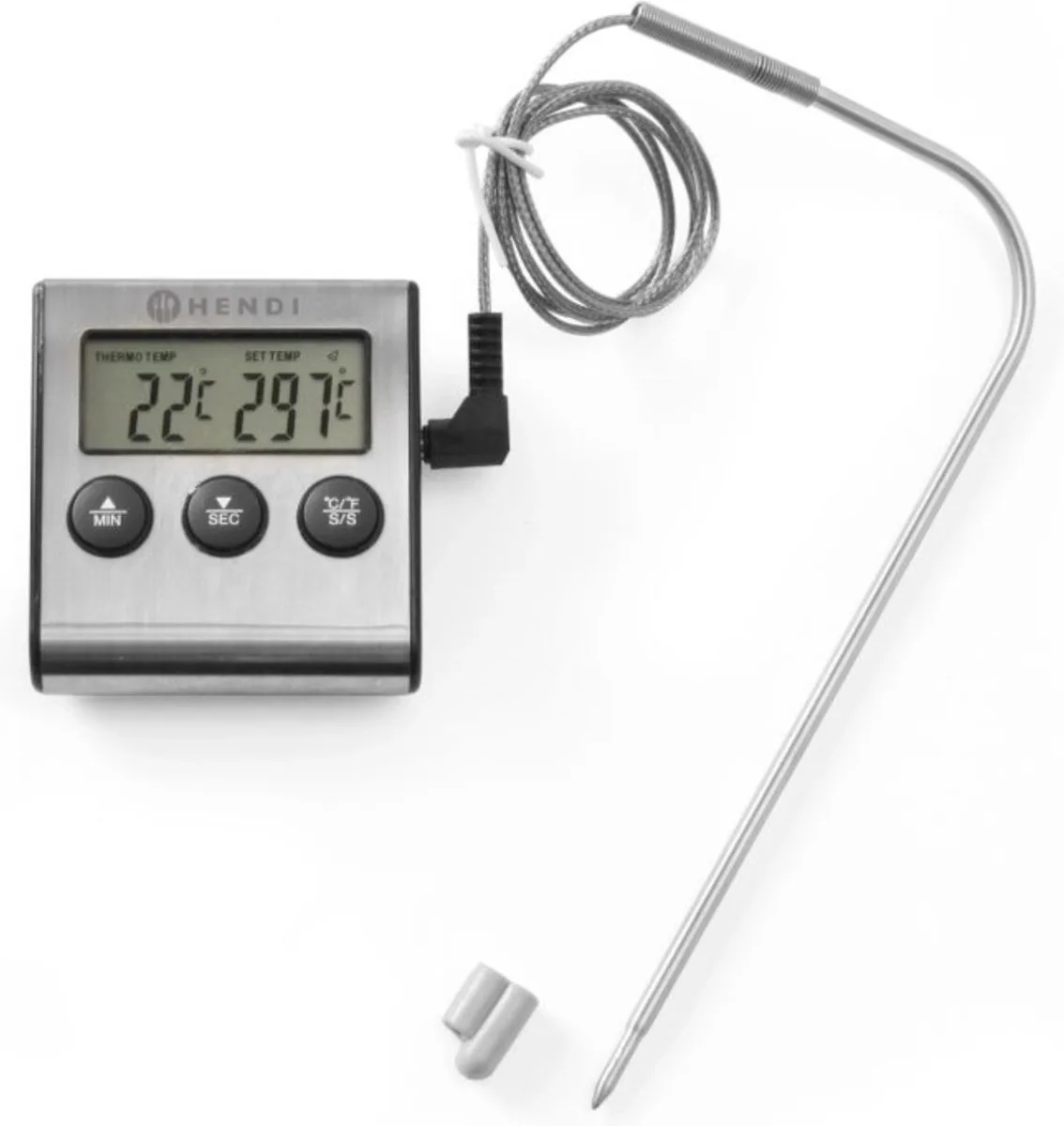 Braadthermometer met timer – breed temperatuurbereik – roestvrijstalen sonde – 65x70x17 mm van Hendi in Grijs – productfoto