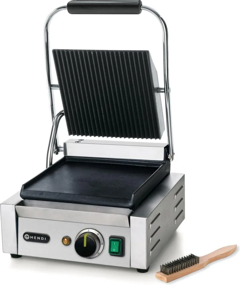 Contactgrill – enkel – boven geribd, onder glad – 230V/1800W – 310x400x x(H)510mm von Hendi in Roestvrij staal – Produktfoto