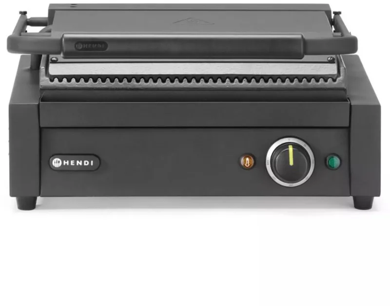contactgrill - roestvast staal en geemailleerde gietijzeren platen - 34x23,4 cm - geribbeld - zilver - voor brood, vlees en groenten von Hendi in ZwartWit – Produktfoto