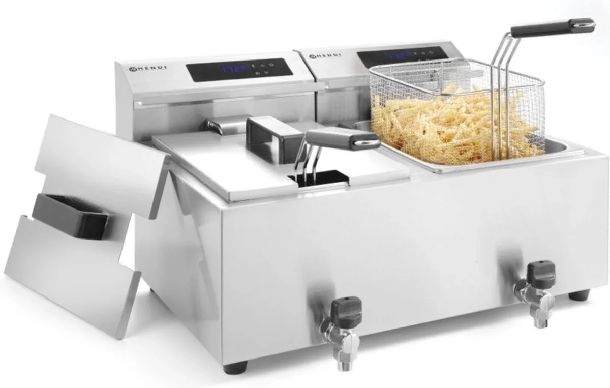 Digitale friteuse met aftapkraan – 2x8x liter – roestvast staal – 7000W van Hendi in Stainless steel – productfoto