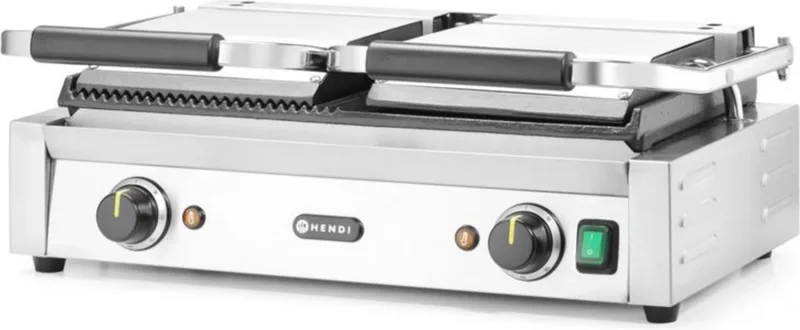 Dubbele contactgrill – half glad, half geribd – 575x430 mm – 3600W fra Hendi i Roestvrij staal – produktbillede