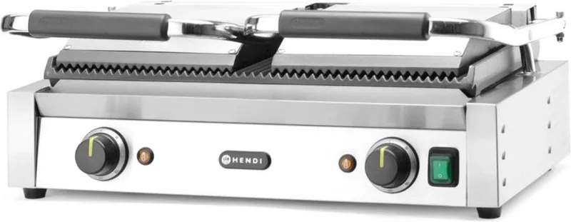 Dubbele contactgrill – volledig geribd – gietijzeren platen – 230V/3600W – 570x395x510 mm van Hendi in Roestvrij Staal – productfoto