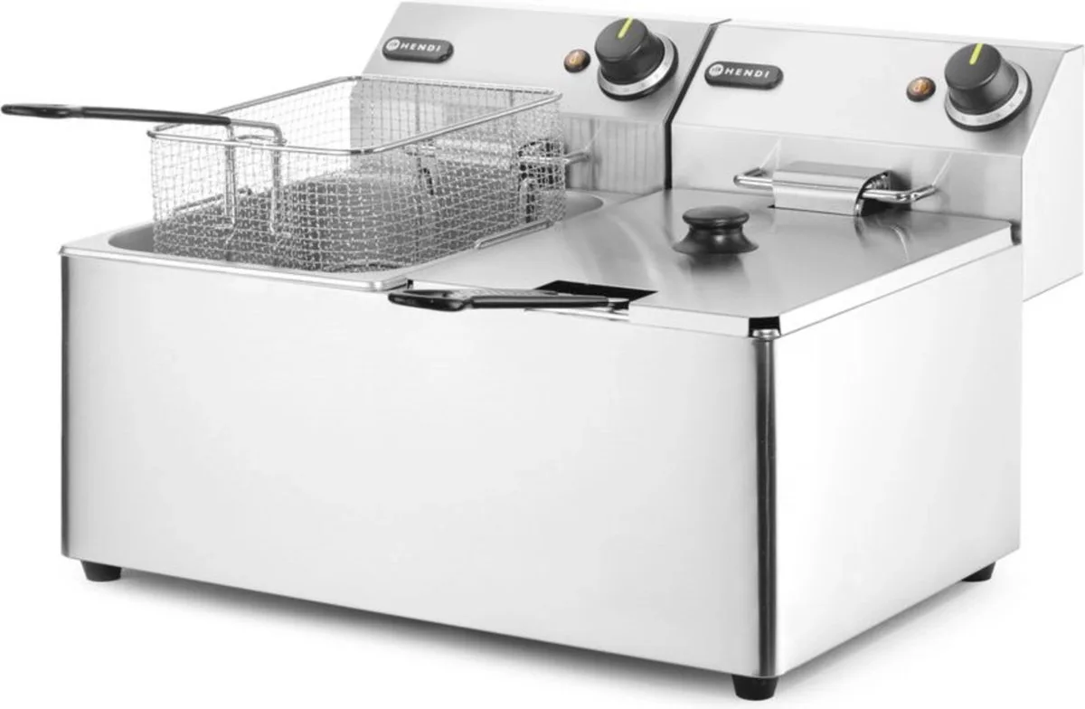 Dubbele friteuse – 2x8x L – roestvrij staal – 7000W – koude zone – uitneembare vetpan van Hendi in Zilver – productfoto
