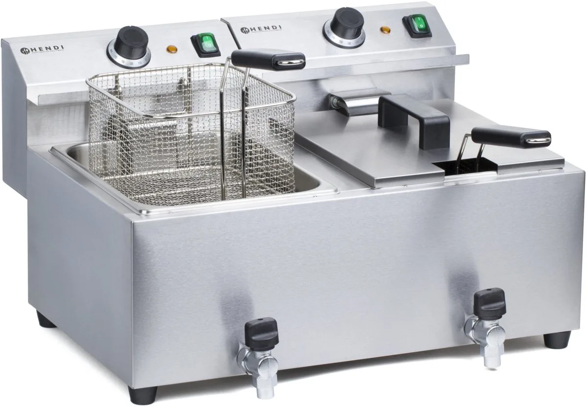 Dubbele friteuse met aftapkraan – 2x8x liter – 7000W – roestvast staal van Hendi in Chroom – productfoto