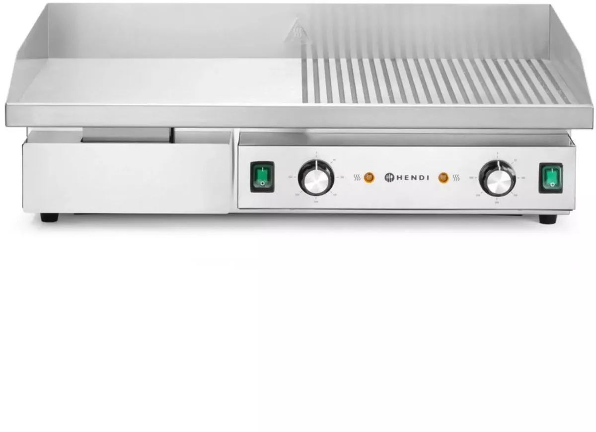 Elektrische bakplaat half vlak half geribbeld - plaat gehard staal 10 mm - 720x460x241 mm - rvs zilver - 2 zones, spatranden en vetlade - horeca fra Hendi i Hvid – produktbillede