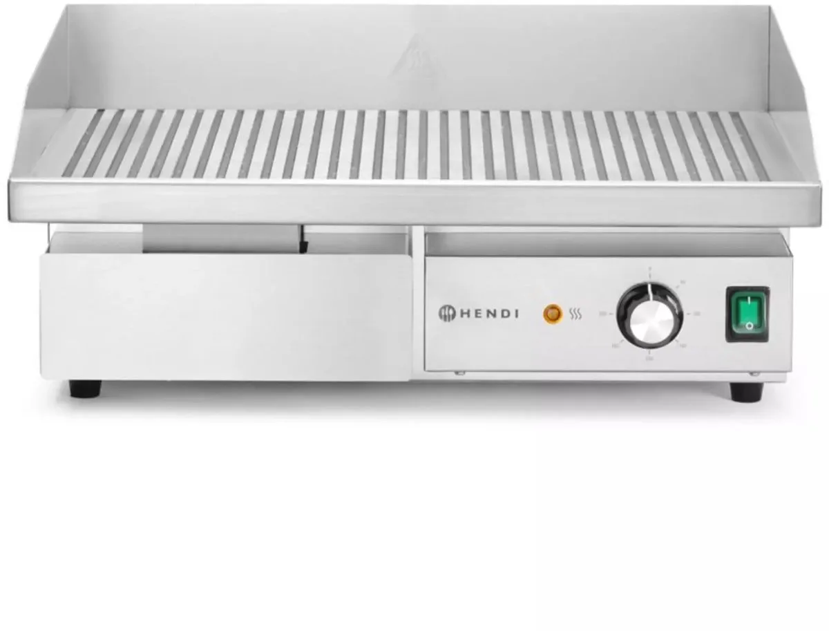 Elektrische grillplaat geribbeld - roestvast en gehard staal - met vetlade en spatranden - 55 x 43 x 24 cm, plaat 54,8 x 35 cm - zilverkleurig - horeca von Hendi in Silber – Produktfoto