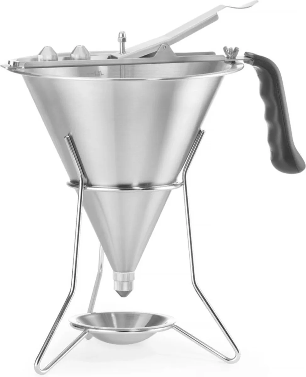 Fondanttrechter Profi Line – Ergonomisch – Inclusief 3 spuitmondjes – 1,5L – Met houder en afdruipkommetje van Hendi in Wit – productfoto