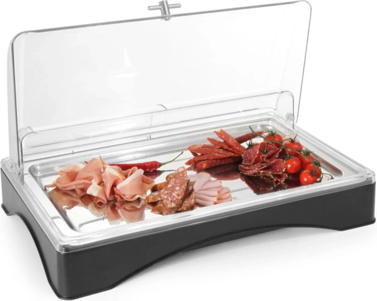 Gekoeld presentatie display – Gastronorm 1/1 – Inclusief serveerplateau – Transparante kap – 555x357x175 mm van Hendi in Transparant, Zilver – productfoto