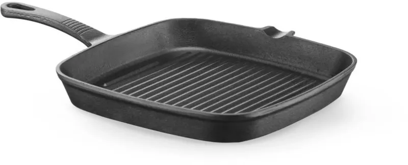 Grillpan - gietijzer - vierkant met schenktuit, ribbels en gietijzeren handgreep - 23 x 23 x (H)2,5 cm - zwart - voor vlees en groenten de Hendi en Blanc – photo produit